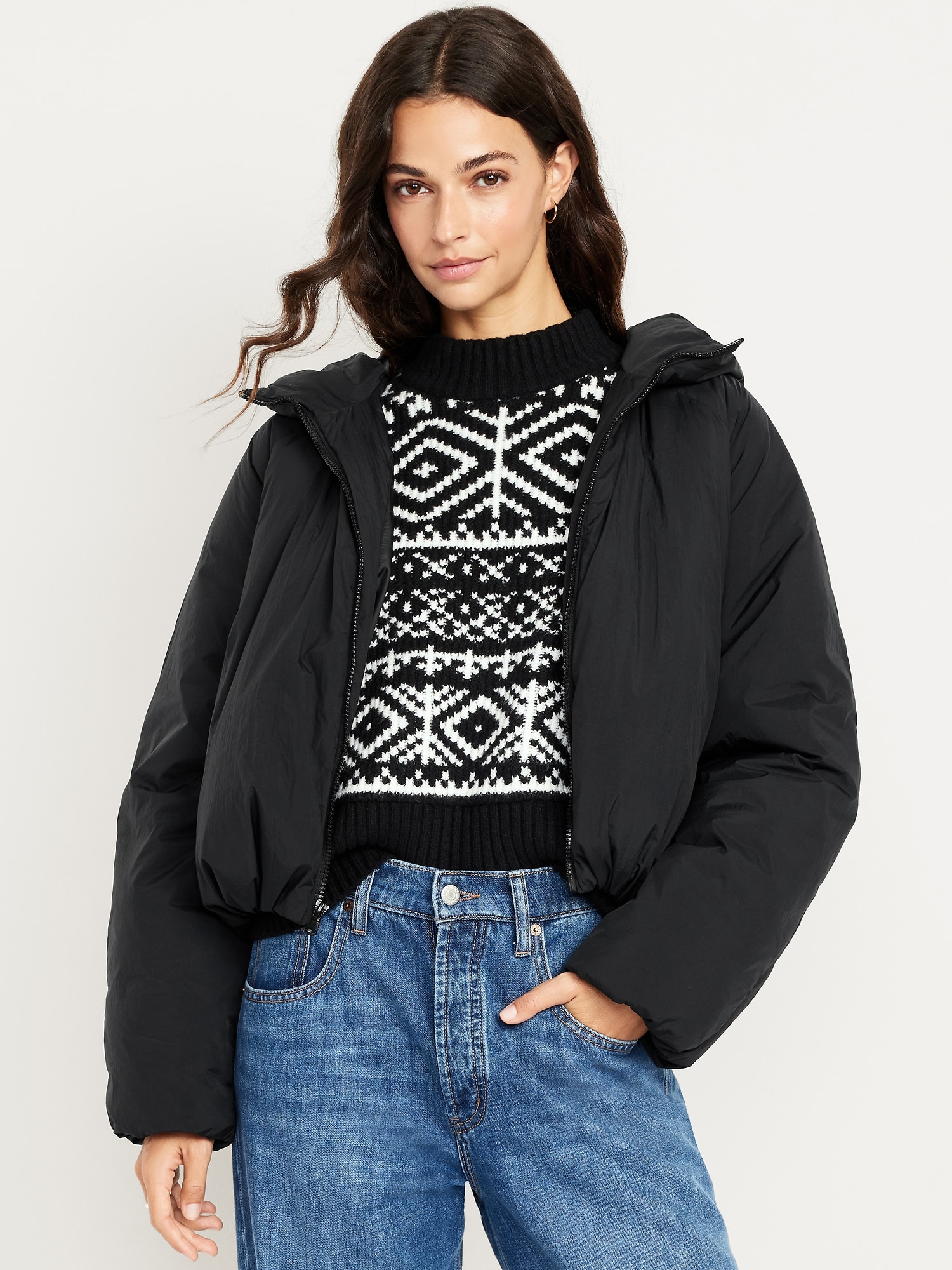 Water-Resistant Bubble-Hem Hooded Puffer Jacket