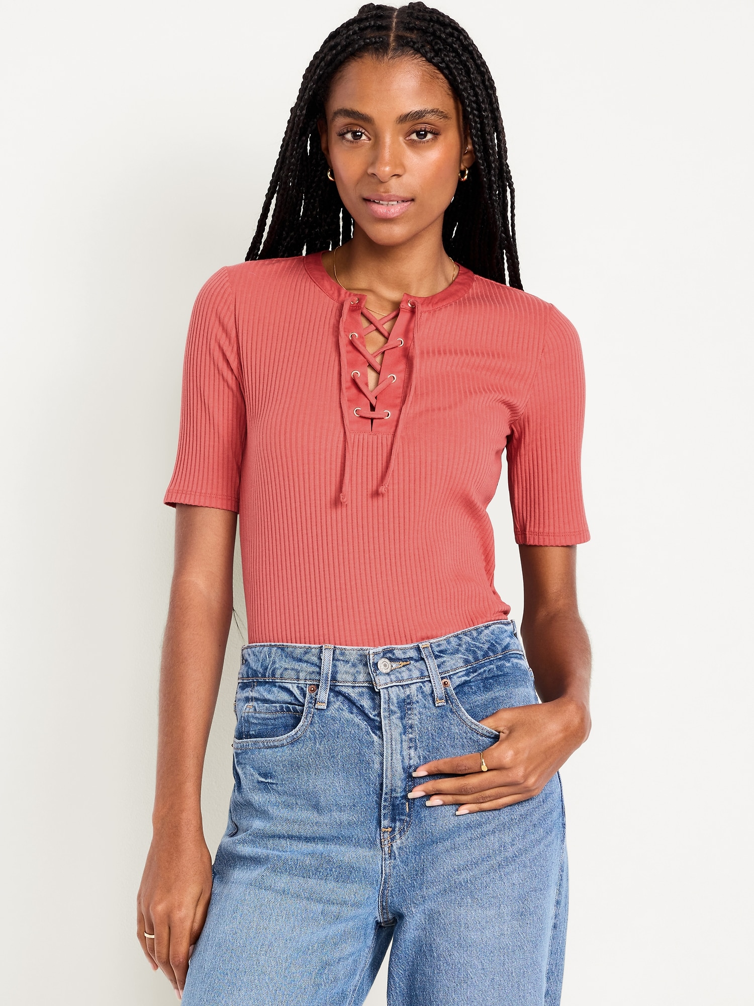 Short Sleeve Lace-Front Top