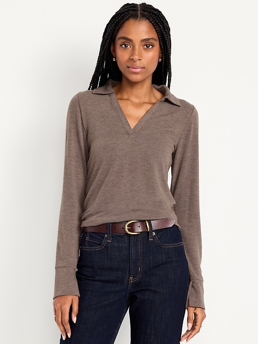 Image number 1 showing, Split-Neck Long-Sleeve Pullover Shirt