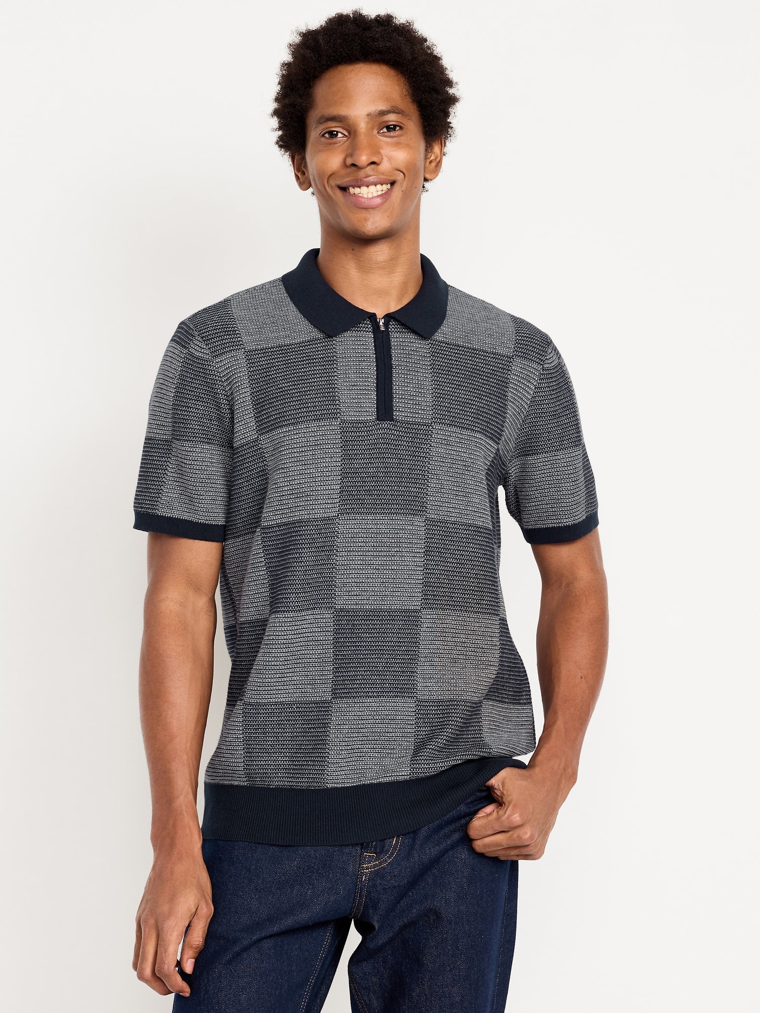 Quarter-Zip Check Polo Sweater