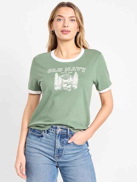 T-shirt passe-partout à bords contrastants avec logo et imprimé - Herbe Séchée