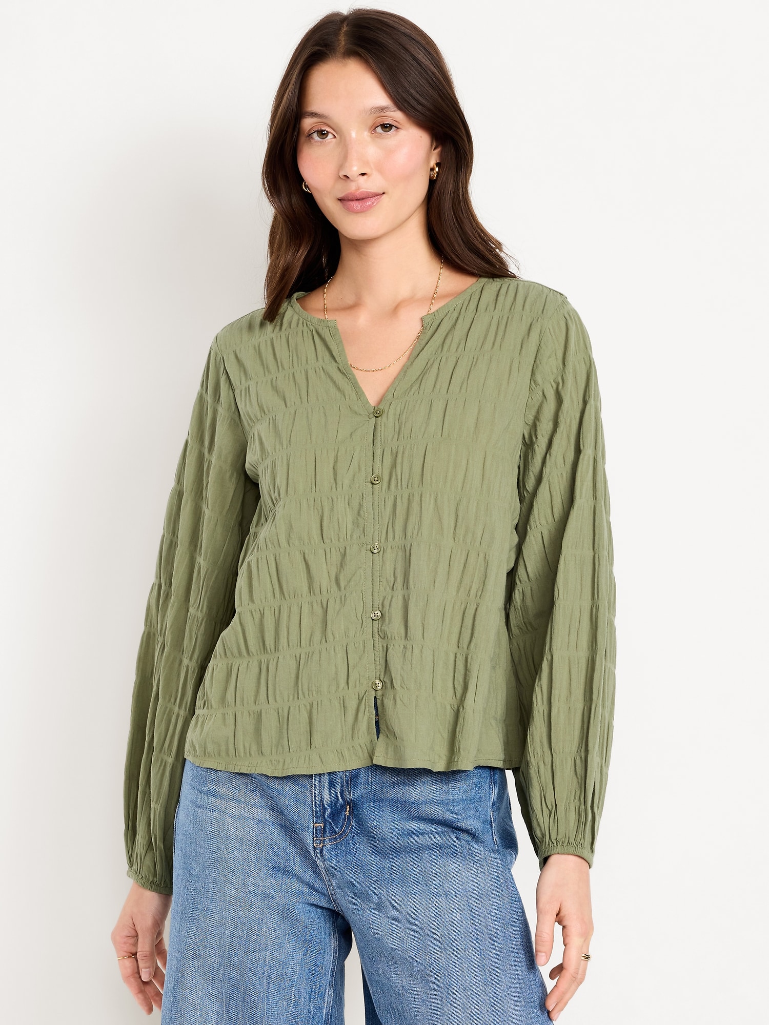 Lightweight Button-Down Smocked Top