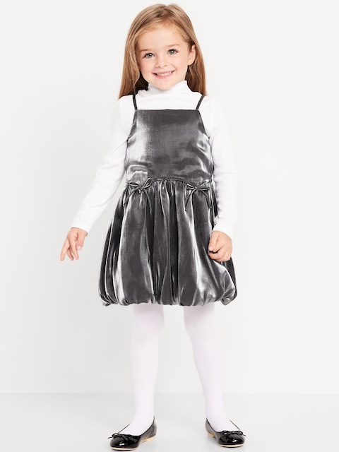 Mock-Neck Top and Satin Bubble Dress Set for Toddler Girls - Black Metallic