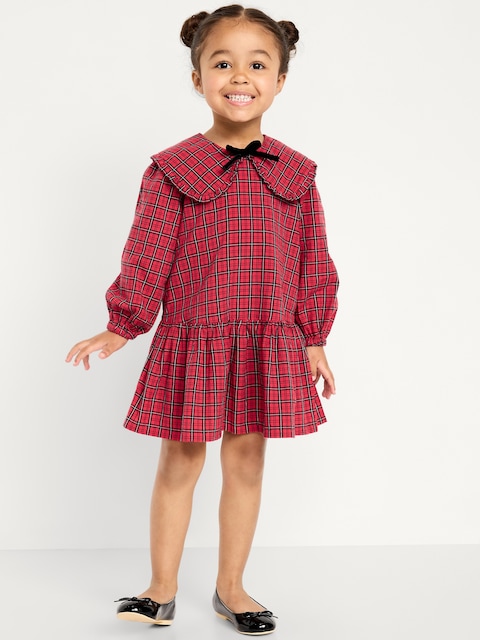Long-Sleeve Plaid Collared Dress for Toddler Girls