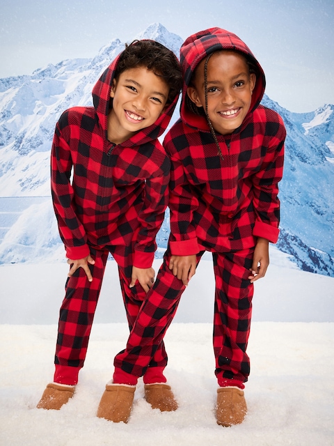 Pyjama une-pièce à capuchon en micromolleton unisexe pour enfant - Grands Carreaux Rouges Et Noirs