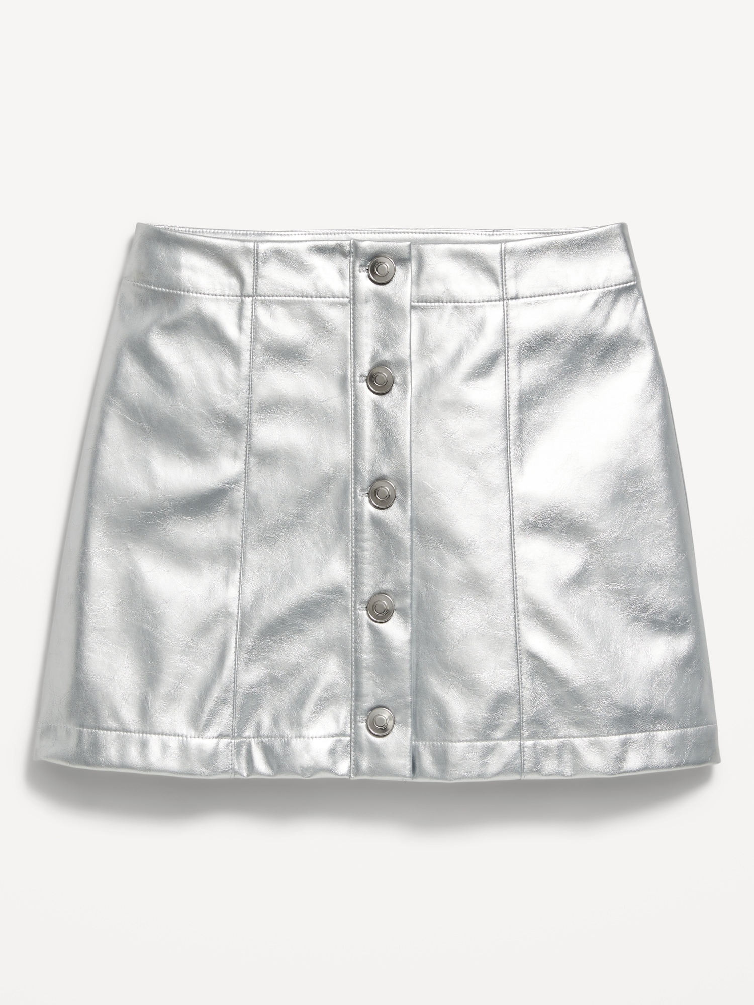 Faux-Leather Silver Shine Button-Front Skirt for Girls
