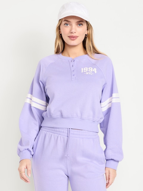 SoComfy Oversized Button-Front Graphic Sweatshirt - Lavender Haven