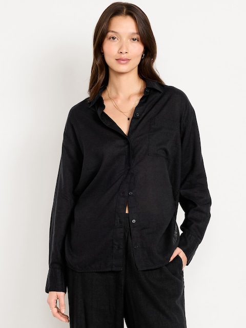 Linen-Blend Loose Button-Down Shirt