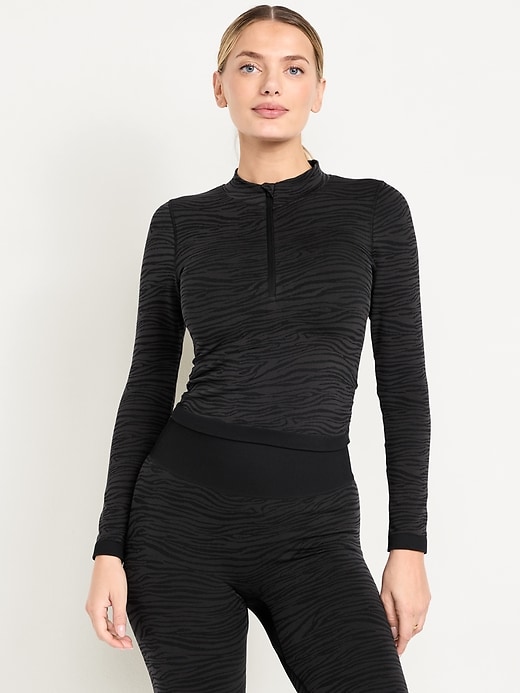 Image number 1 showing, Seamless Jacquard Mock-Neck Half-Zip Top