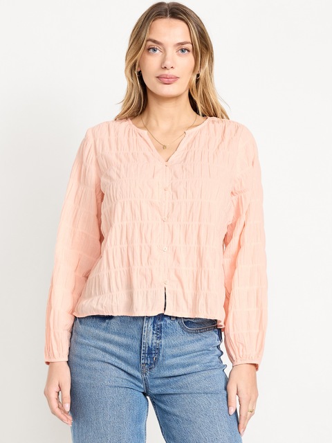 Button-Down Smocked Top