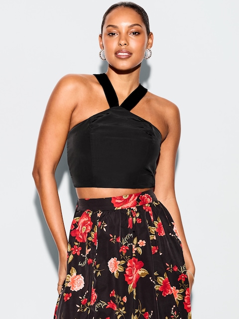 The Occasion by Old Navy Taffeta Cropped Halter Bow Top - Black Jack