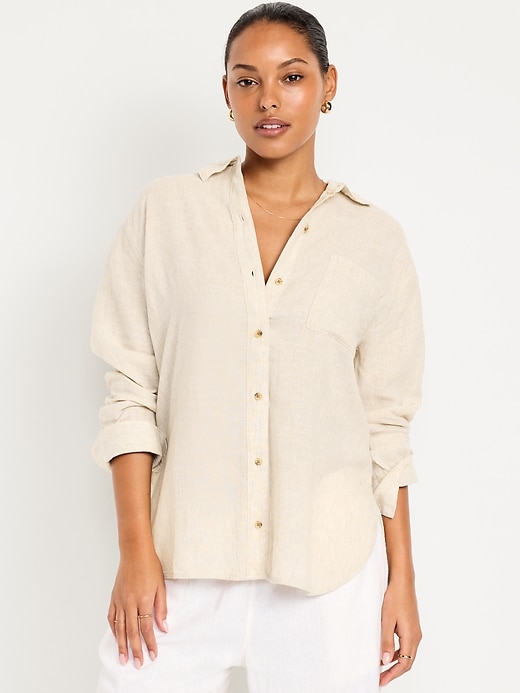 Image number 1 showing, Linen-Blend Loose Button-Down Shirt