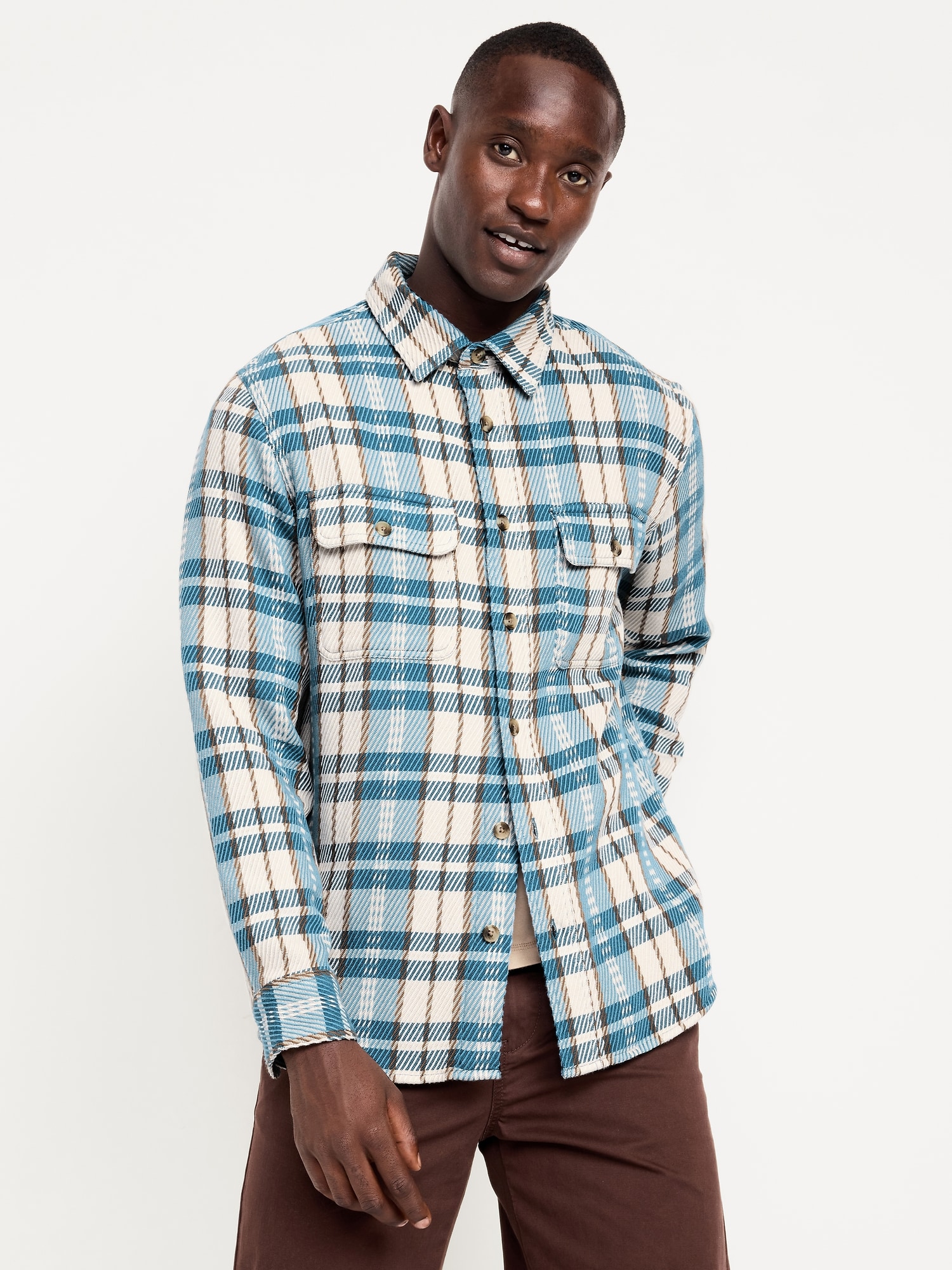 Loose Fit Textured Plaid Pocket Shirt
