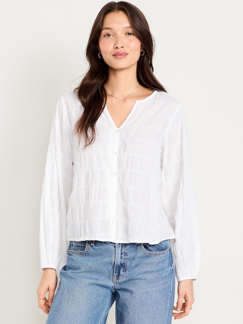 Button-Down Smocked Top