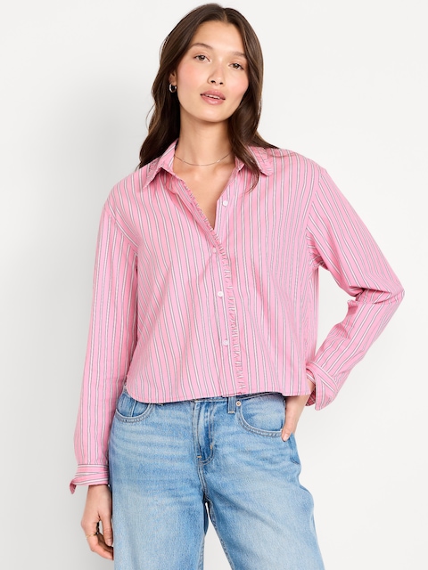 Cropped Button-Down Ruffle-Front Shirt