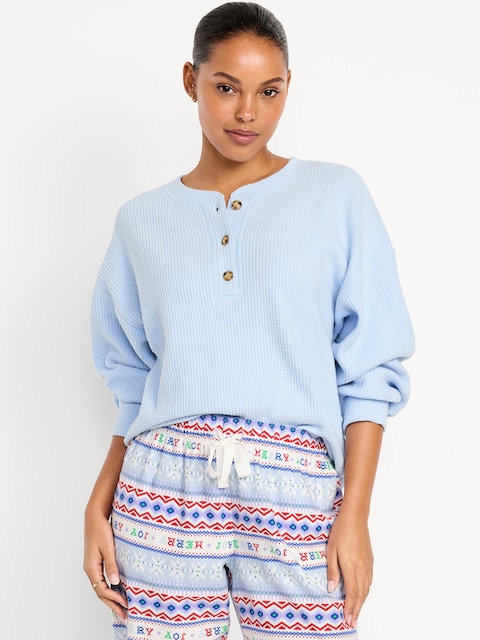 Oversized Cozy Waffle Henley Top - Sky Maintenance