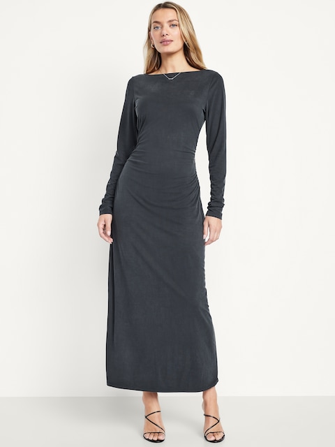 Robe longue froncée à encolure bateau - Noir De Jais