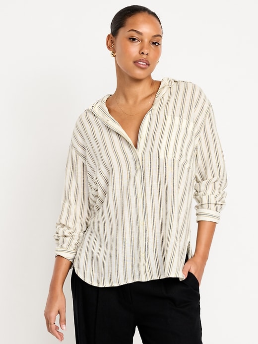 Image number 1 showing, Linen-Blend Loose Button-Down Shirt
