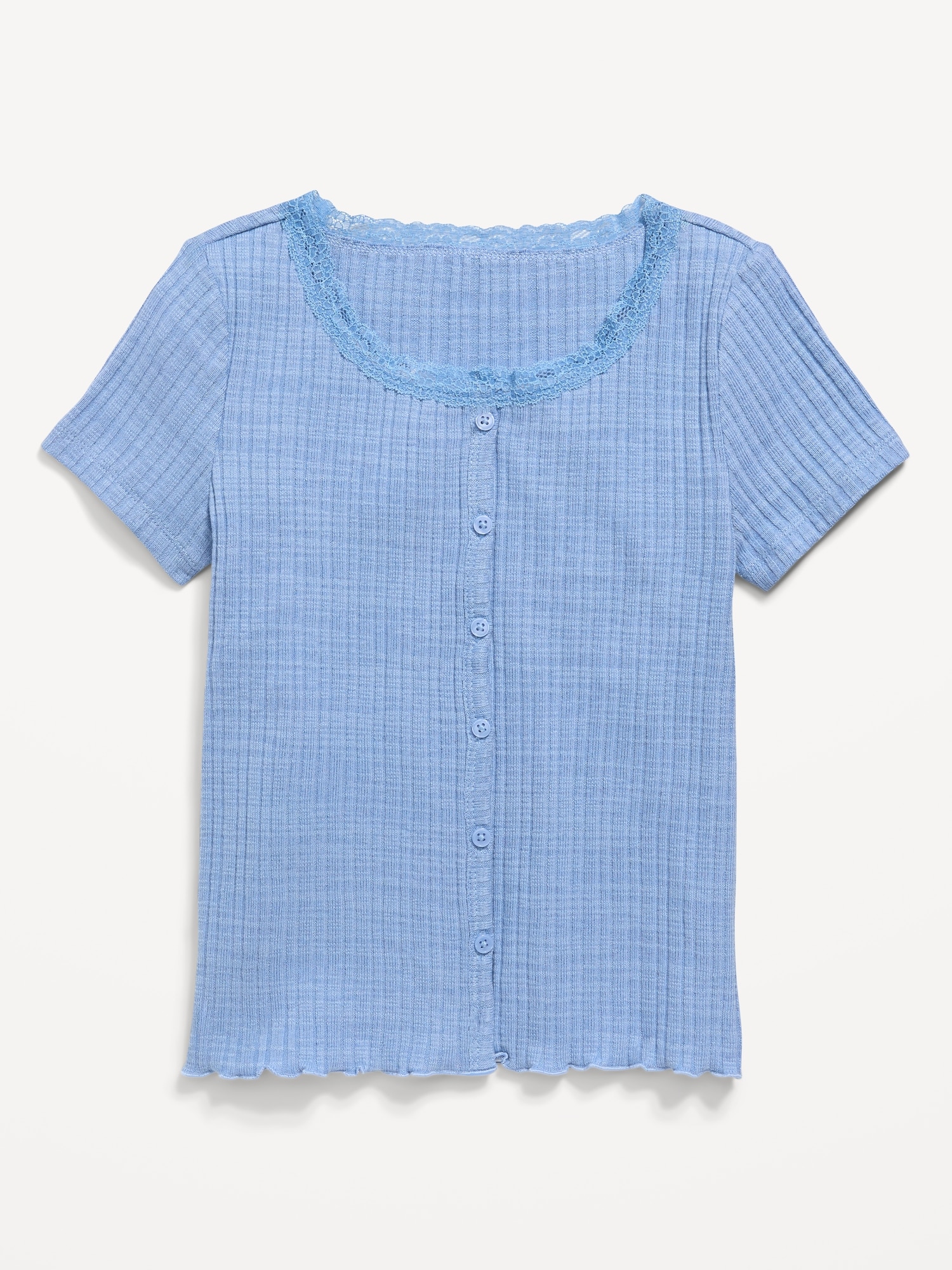 Printed Short-Sleeve Lace-Trim Button-Front Top for Girls