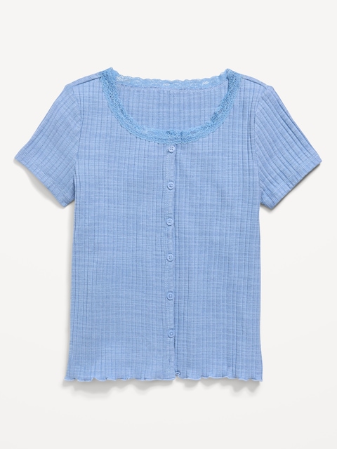 Printed Short-Sleeve Lace-Trim Button-Front Top for Girls