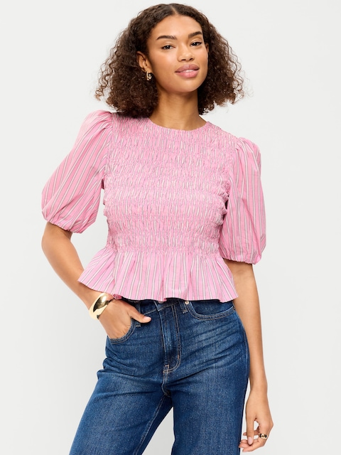 Smocked Puff Sleeve Peplum Top