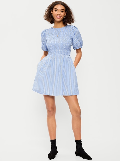 Smocked Puff-Sleeve Flare Mini Dress