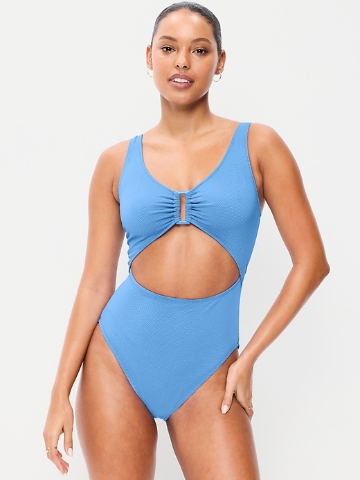 Image number 1 showing, Textured One-Piece Cut-Out Swimsuit