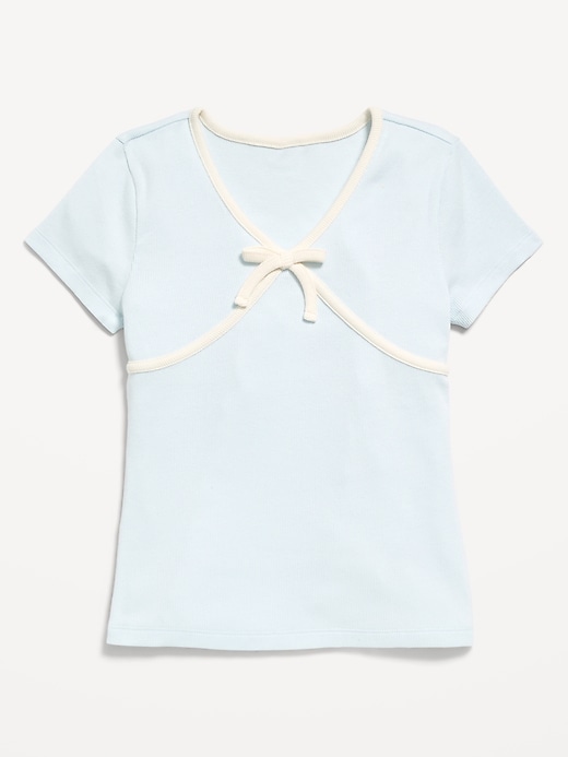 Image number 1 showing, Fitted Short-Sleeve Ribbed Bow Top for Girls