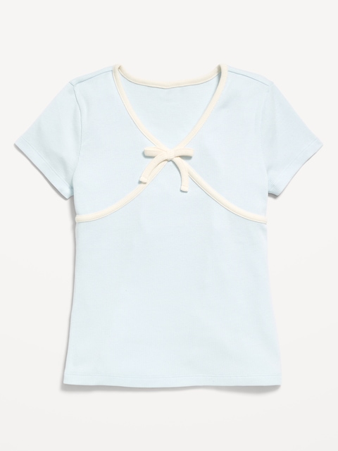 Fitted Short-Sleeve Ribbed Bow Top for Girls