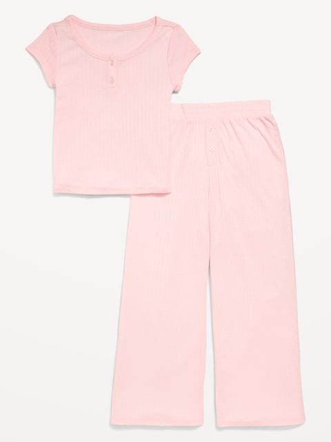 Ribbed Henley Pajama T-Shirt and Pants Set for Girls