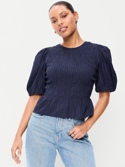 Puff Sleeve Peplum Smocked Top