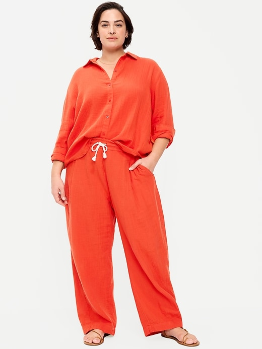 Image number 7 showing, High-Waisted Crinkle Gauze Wide-Leg Barrel Pants