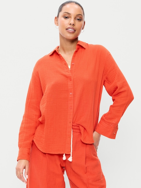 Open-Back Crinkle Gauze Button-Down Shirt