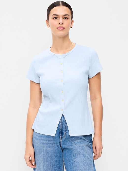 Image number 5 showing, Short-Sleeve Ribbed Button-Down Top