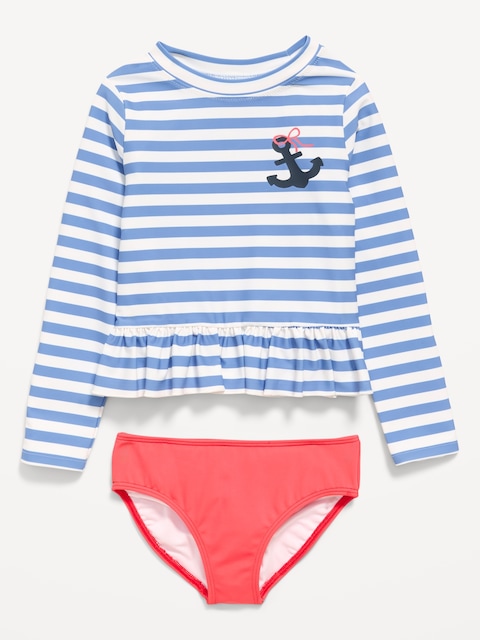 Printed Long-Sleeve Rashguard Swim Top Set for Toddler Girls