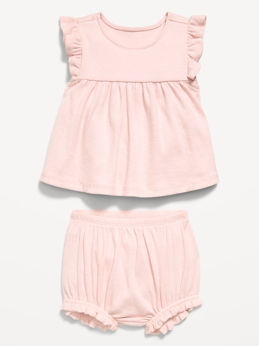 L'image numéro 2 présente Ensemble avec short et haut côtelés à manches flottantes pour bébé