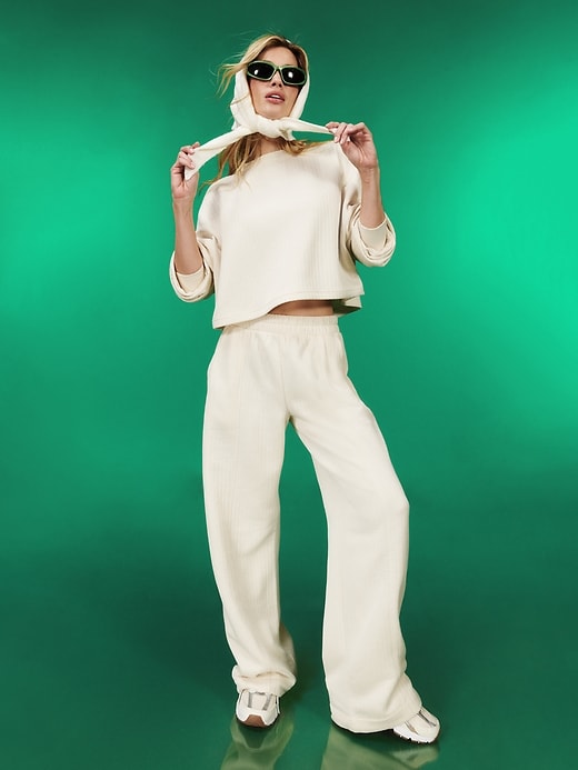 Image number 1 showing, High-Waisted Bounce Fleece Quilted Wide-Leg Sweatpants