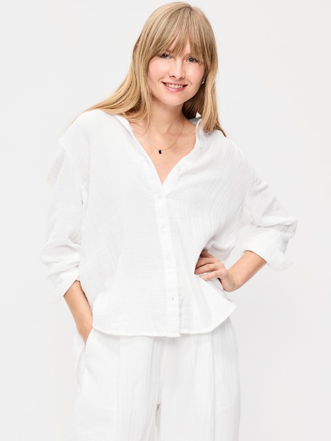 Open-Back Crinkle Gauze Button-Down Shirt
