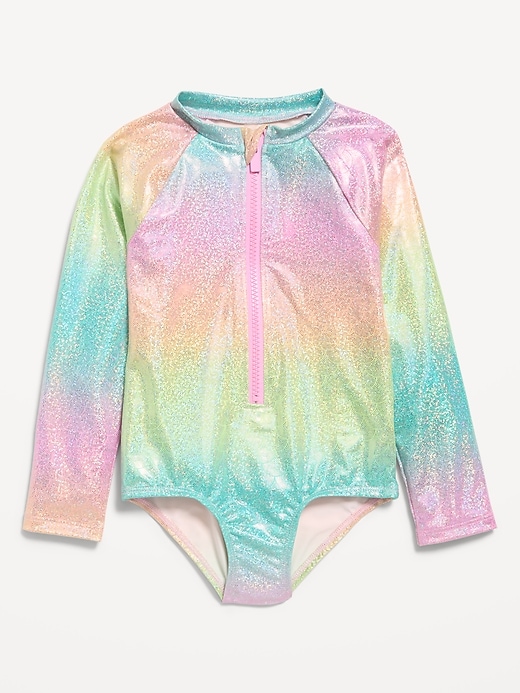 Image number 1 showing, Long-Sleeve Rashguard One-Piece Swimsuit for Toddler Girls