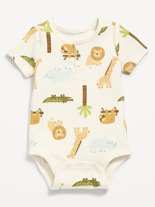 Image number 1 showing, Printed Unisex Short-Sleeve Henley Ribbed Bodysuit for Baby