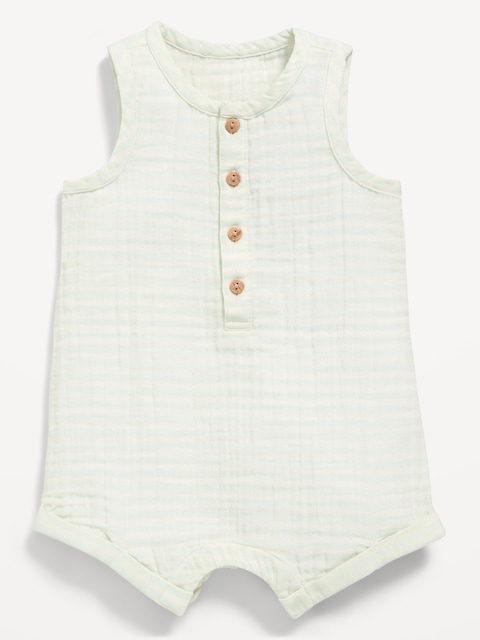 BARBOTEUSE UNE-PIÈCE HENLEY SANS MANCHES À TISSAGE DOUBLE POUR BÉBÉ