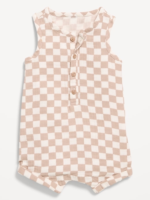 Image number 1 showing, Sleeveless Double-Weave Henley One-Piece Romper for Baby