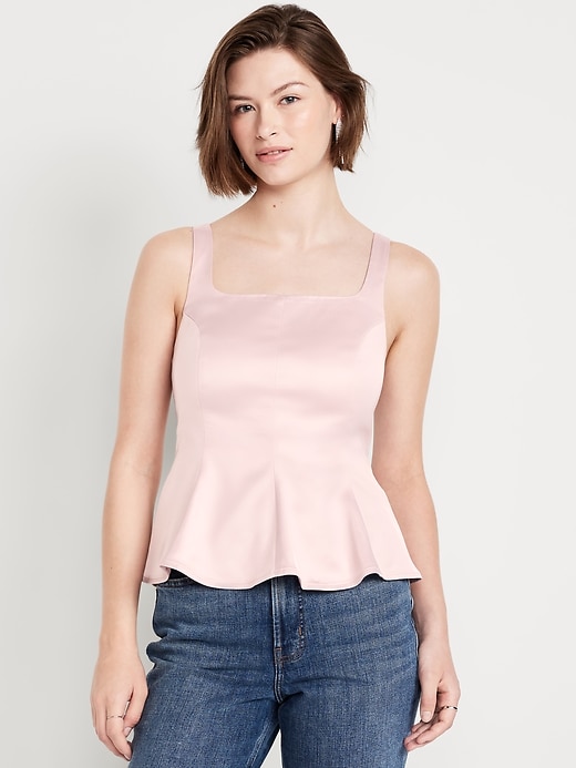 Image number 1 showing, Square-Neck Satin Peplum Top