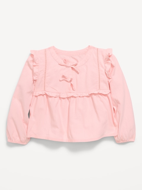 Long-Sleeve Crinkle Lace-Trim Top for Toddler Girls