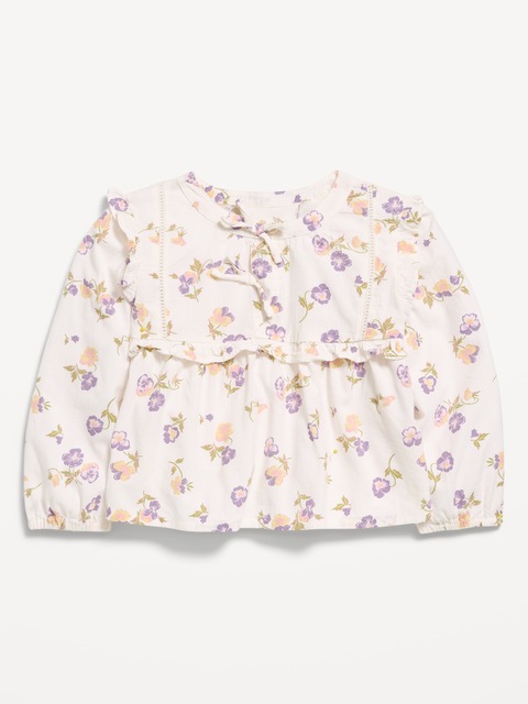 Long-Sleeve Crinkle Lace-Trim Top for Toddler Girls
