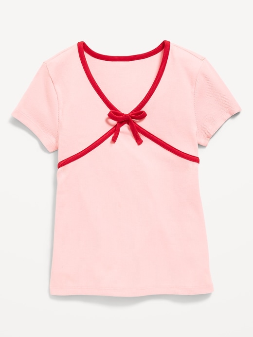 Image number 1 showing, Fitted Short-Sleeve Ribbed Bow Top for Girls