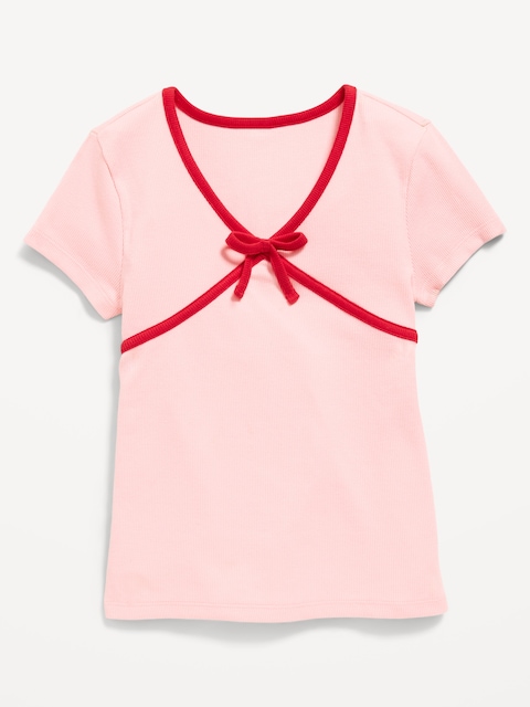 Fitted Short-Sleeve Ribbed Bow Top for Girls