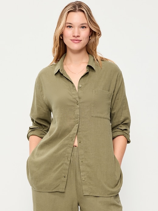 Image number 4 showing, Linen-Blend Loose Button-Down Shirt