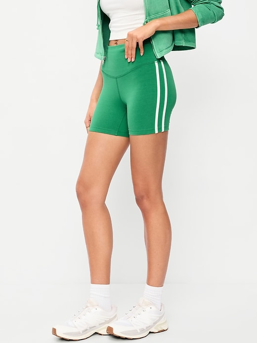 Image number 1 showing, High-Waisted PowerChill Side-Stripe Biker Shorts -- 5-inch inseam