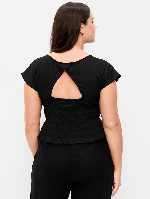 Image number 6 showing, Linen-Blend Short-Sleeve Smocked Top